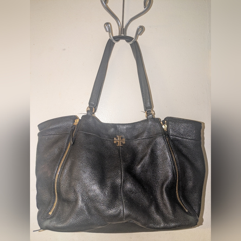 Tory Burch Black Leather Tote with Gold Accents